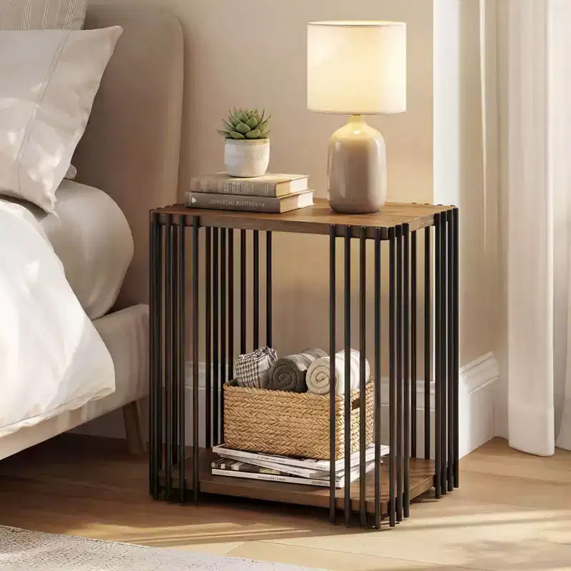 two-tier side table with metal frame, suitable for the living room.