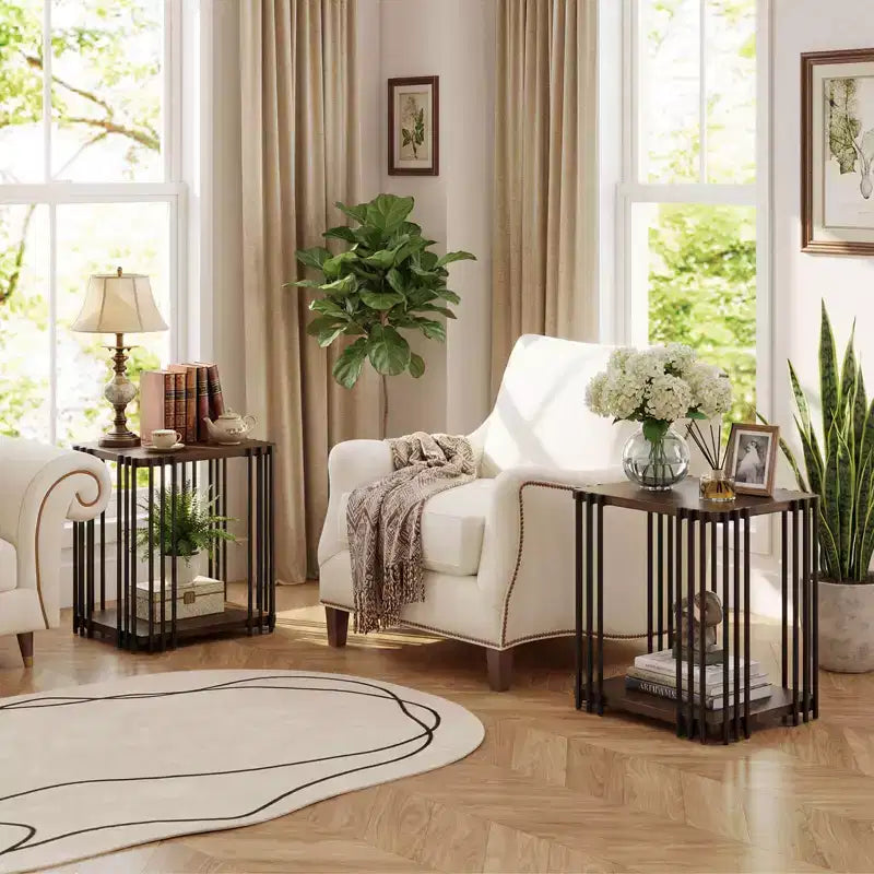 two-tier side table with metal frame, suitable for the living room.