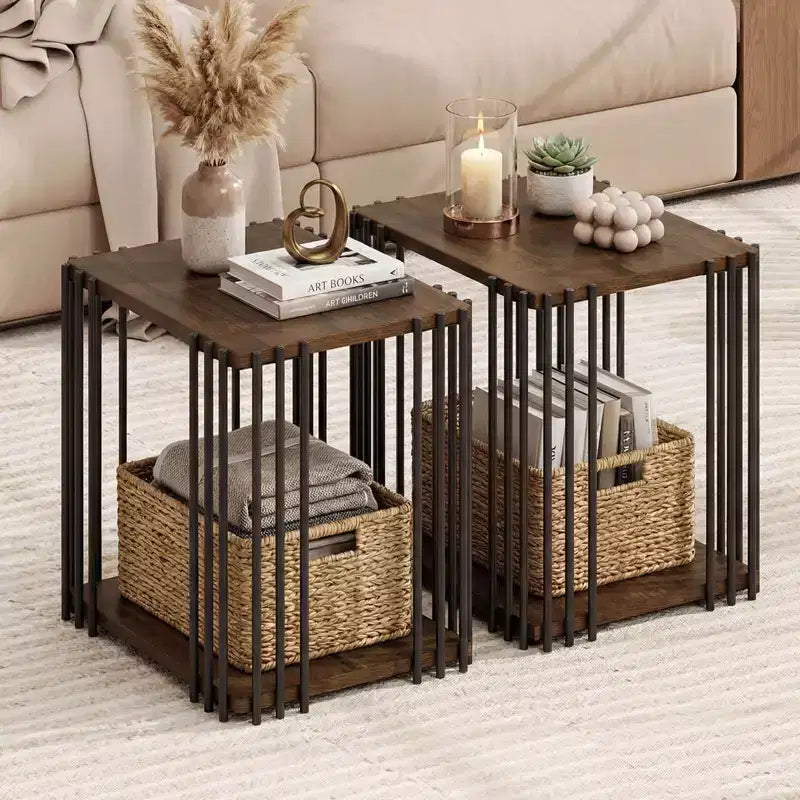 two-tier side table with metal frame, suitable for the living room.