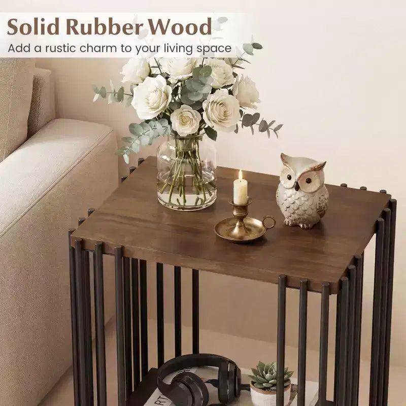 two-tier side table with metal frame, suitable for the living room.