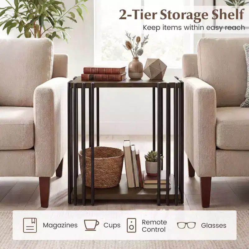 two-tier side table with metal frame, suitable for the living room.