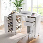 Tavolo bianco per manicure con piano in vetro, aspiratore, poggiapolso e cassetto portaoggetti