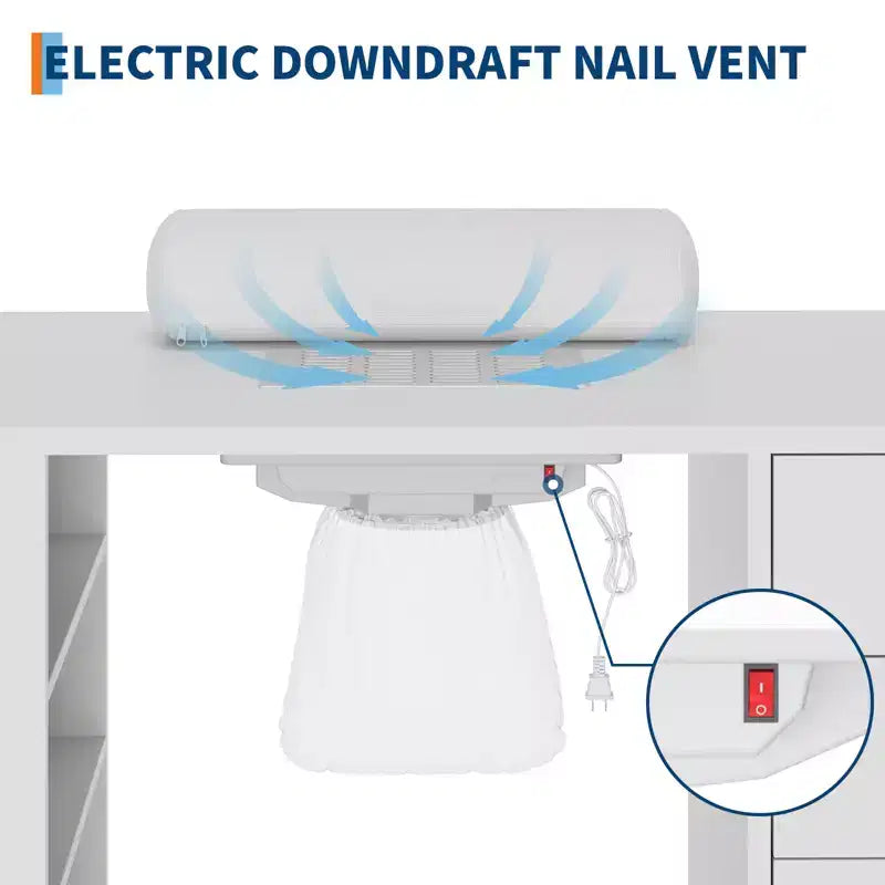 Tavolo da manicure con piano in vetro, dotato di aspiratore, poggiabraccio, cassetti e vani, bianco.