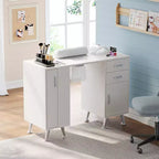 Tavolo bianco per manicure con piano in vetro, aspiratore, poggiapolso e cassetto portaoggetti