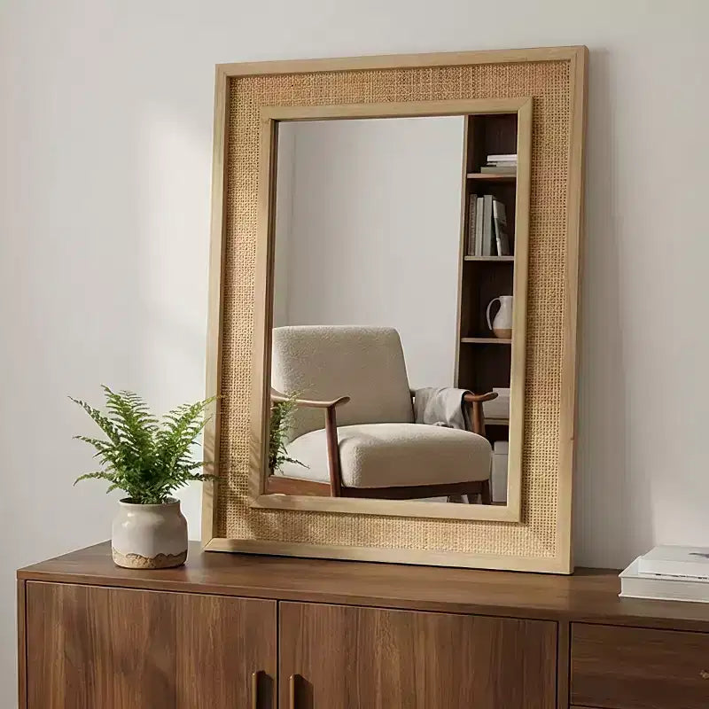 24 x 36 Rectangular Rattan Decorative Wall Mirror with Wood Frame, Mirror for Bathroom, Entryway, or Home Dcor