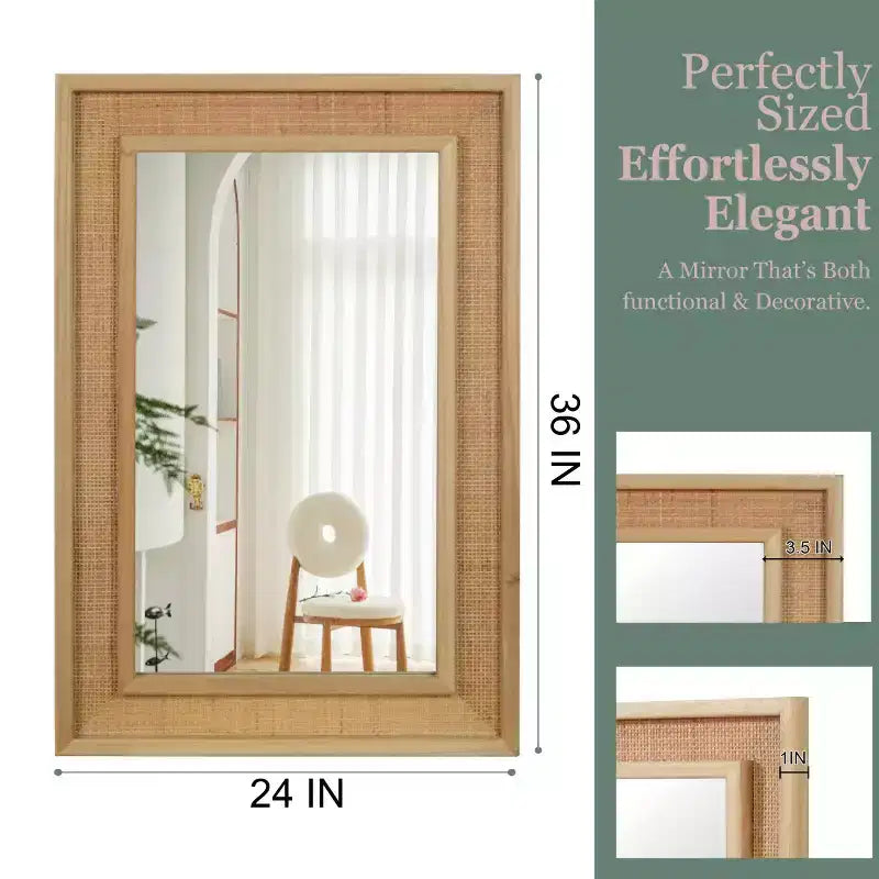 24 x 36 Rectangular Rattan Decorative Wall Mirror with Wood Frame, Mirror for Bathroom, Entryway, or Home Dcor