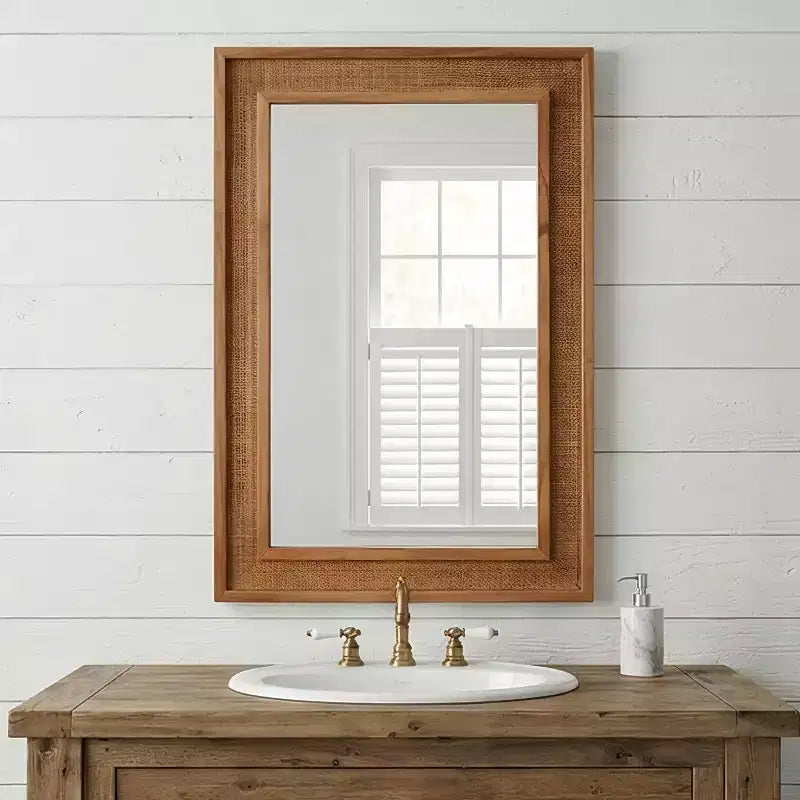 24 x 36 Rectangular Rattan Decorative Wall Mirror with Wood Frame, Mirror for Bathroom, Entryway, or Home Dcor