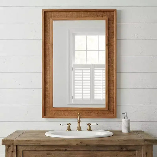24 x 36 Rectangular Rattan Decorative Wall Mirror with Wood Frame, Mirror for Bathroom, Entryway, or Home Dcor