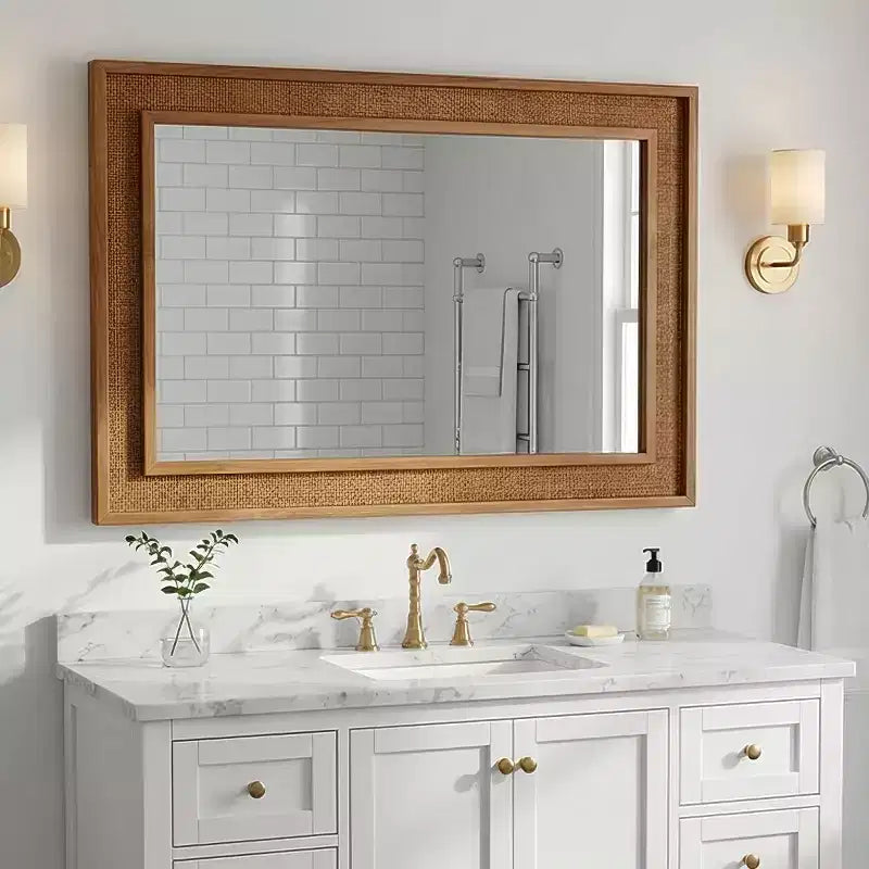 24 x 36 Rectangular Rattan Decorative Wall Mirror with Wood Frame, Mirror for Bathroom, Entryway, or Home Dcor