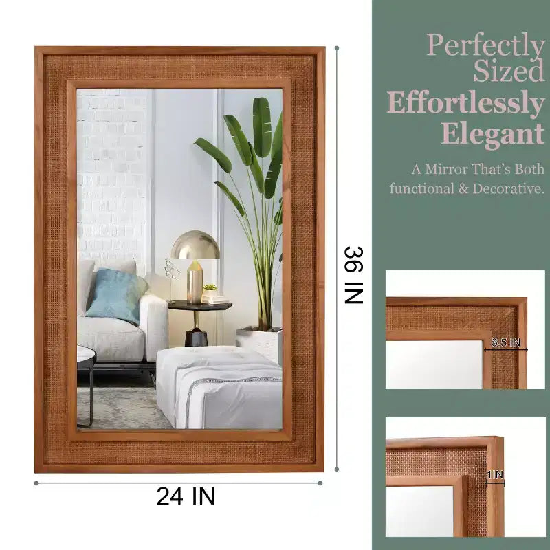 24 x 36 Rectangular Rattan Decorative Wall Mirror with Wood Frame, Mirror for Bathroom, Entryway, or Home Dcor