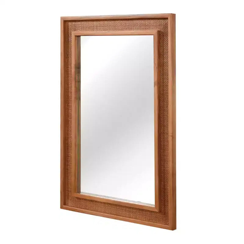24 x 36 Rectangular Rattan Decorative Wall Mirror with Wood Frame, Mirror for Bathroom, Entryway, or Home Dcor