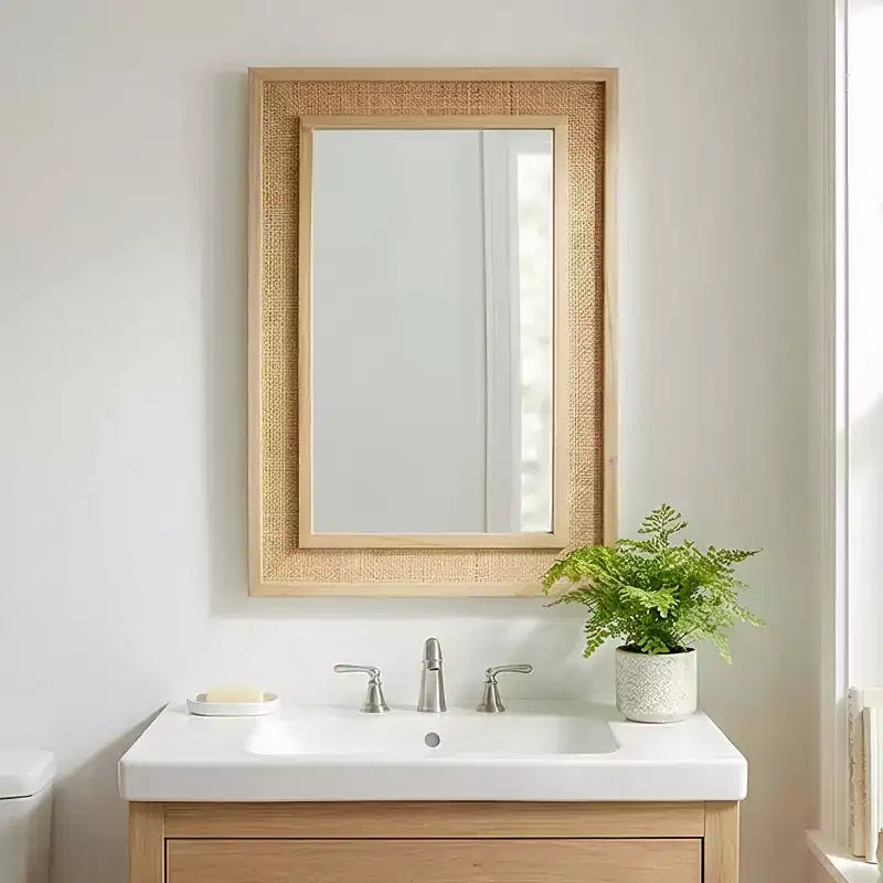 24 x 36 Rectangular Rattan Decorative Wall Mirror with Wood Frame, Mirror for Bathroom, Entryway, or Home Dcor