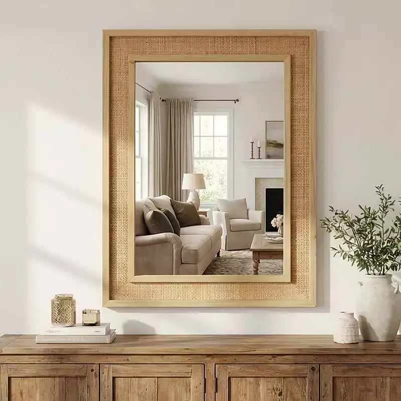 24 x 36 Rectangular Rattan Decorative Wall Mirror with Wood Frame, Mirror for Bathroom, Entryway, or Home Dcor