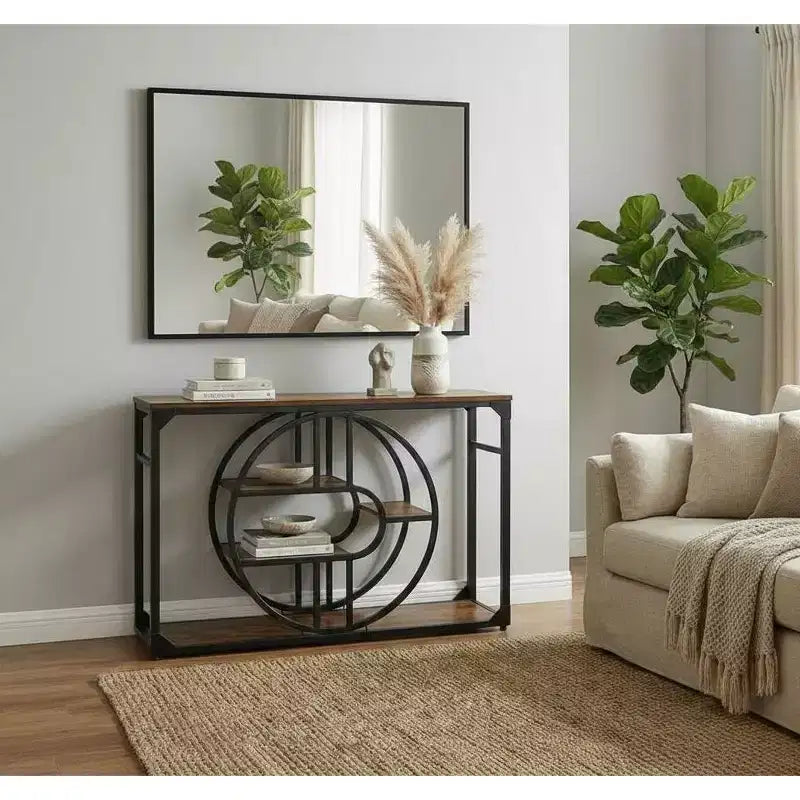 55 Entryway Table with 5-Tier Storage, Industrial Sofa Table with O-Shaped Metal Frame for Hallway & Living Room