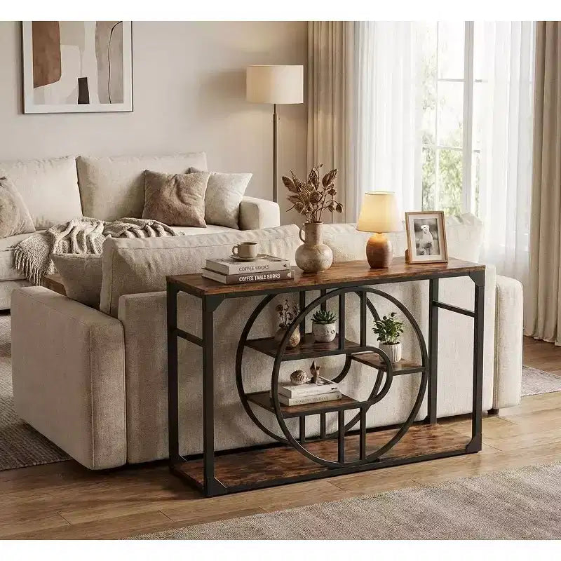 55 Entryway Table with 5-Tier Storage, Industrial Sofa Table with O-Shaped Metal Frame for Hallway & Living Room
