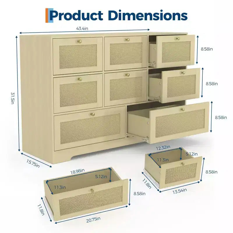 Modern Boho Rattan 6-Drawer Dresser, Wicker Chest of Drawers with Wood Legs, Freestanding Organizer for Home Bedroom Living Room