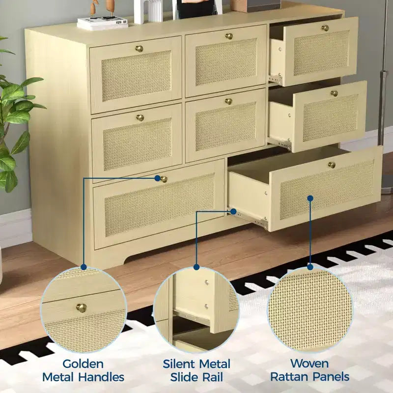 Modern Boho Rattan 6-Drawer Dresser, Wicker Chest of Drawers with Wood Legs, Freestanding Organizer for Home Bedroom Living Room