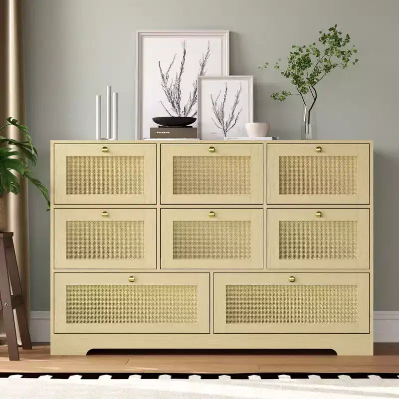 Modern Boho Rattan 6-Drawer Dresser, Wicker Chest of Drawers with Wood Legs, Freestanding Organizer for Home Bedroom Living Room