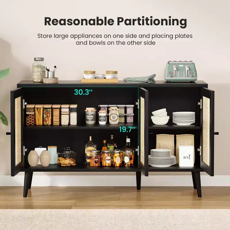 Cabinet with 3 Rattan Doors,Modern Kitchen Storage Cabinet for Entryway Living Room (Small,Black)