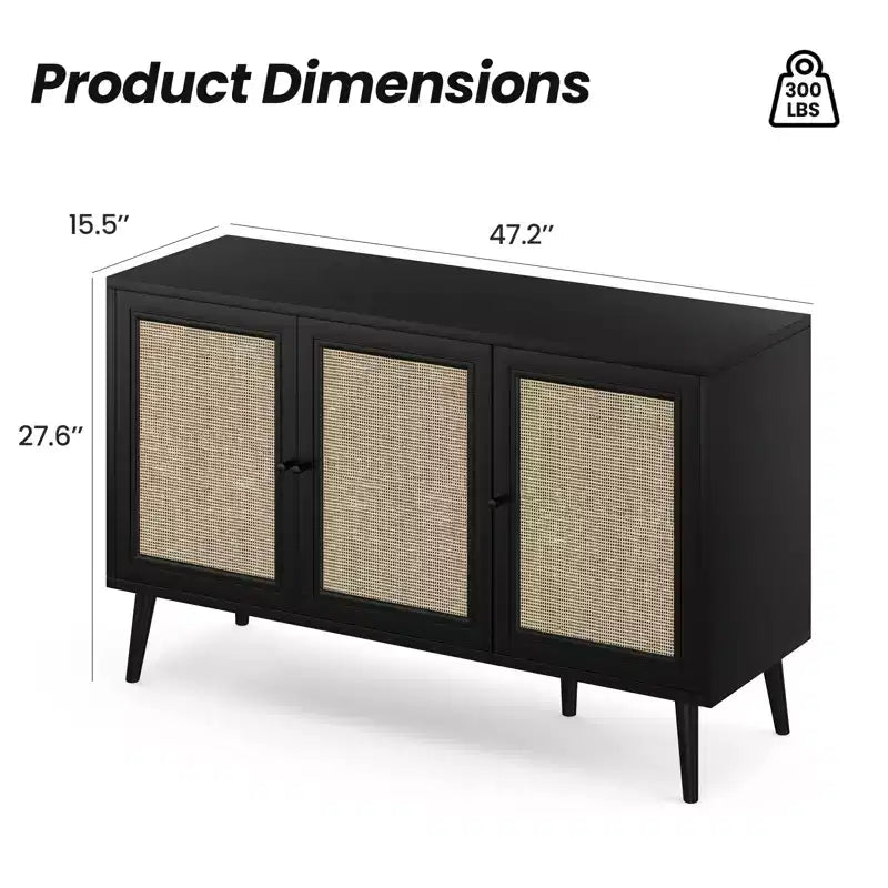 Cabinet with 3 Rattan Doors,Modern Kitchen Storage Cabinet for Entryway Living Room (Small,Black)