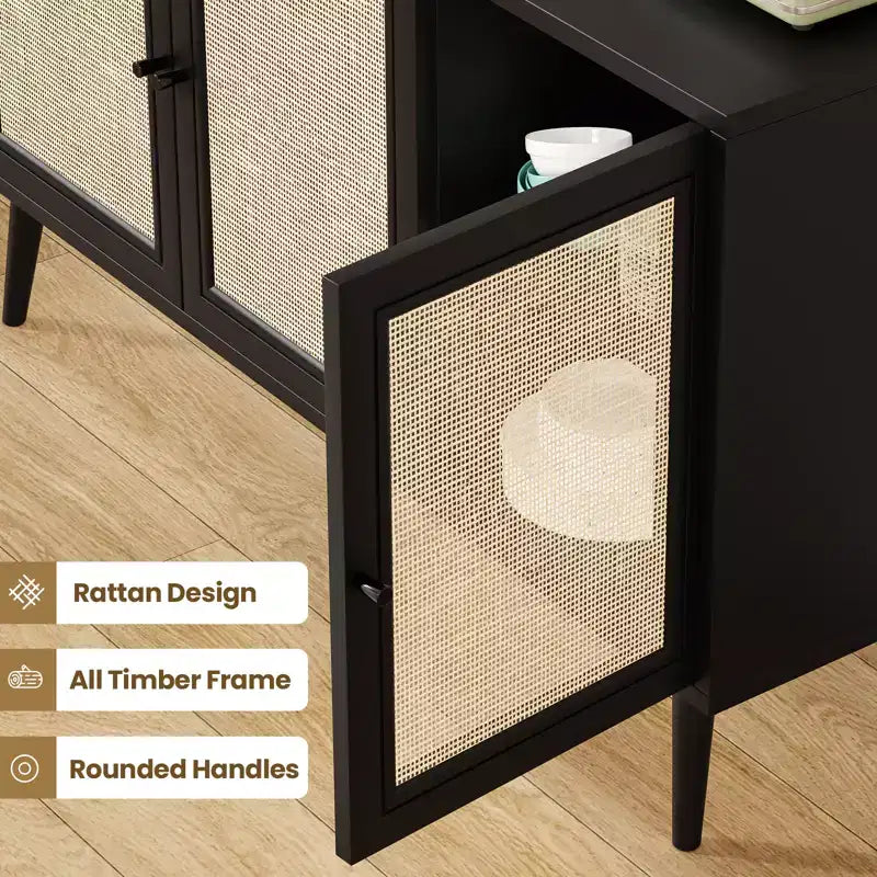 Cabinet with 3 Rattan Doors,Modern Kitchen Storage Cabinet for Entryway Living Room (Small,Black)