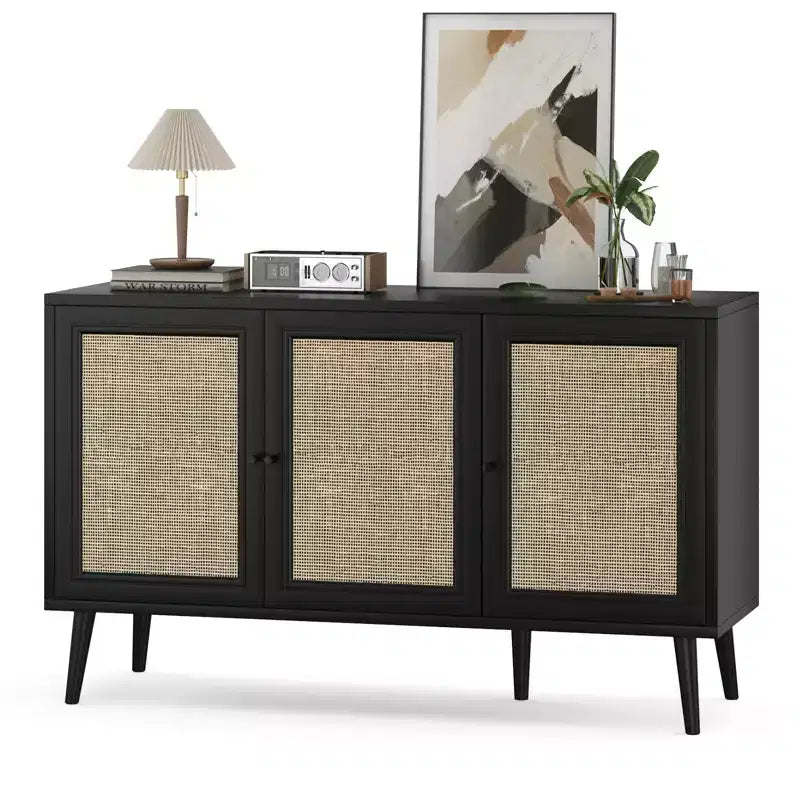 Cabinet with 3 Rattan Doors,Modern Kitchen Storage Cabinet for Entryway Living Room (Small,Black)