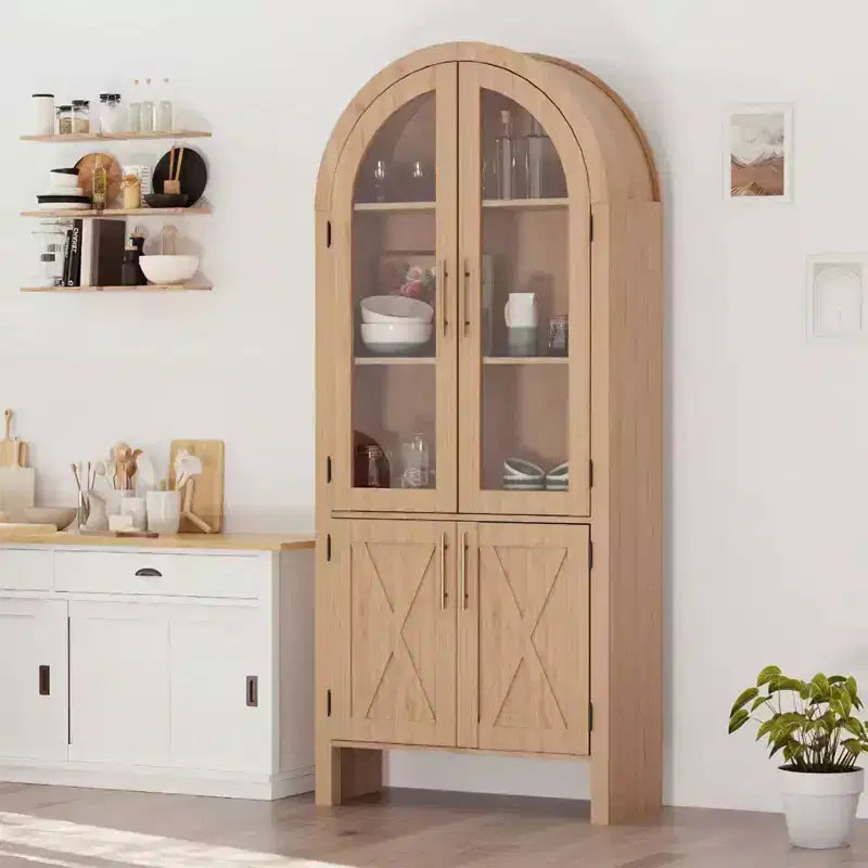 60 Arched Kitchen Pantry | 4-Tier Arch Cabinet with Doors, Modern Wood Storage with Adjustable Shelves for Living Room & Dining Room