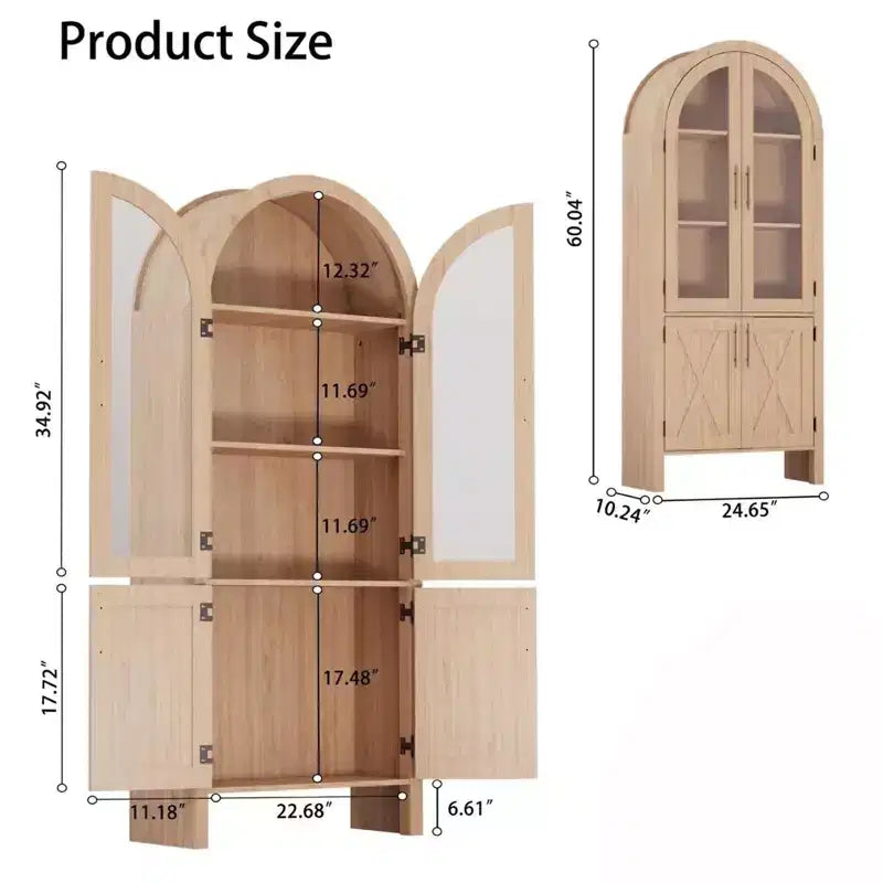 60 Arched Kitchen Pantry | 4-Tier Arch Cabinet with Doors, Modern Wood Storage with Adjustable Shelves for Living Room & Dining Room