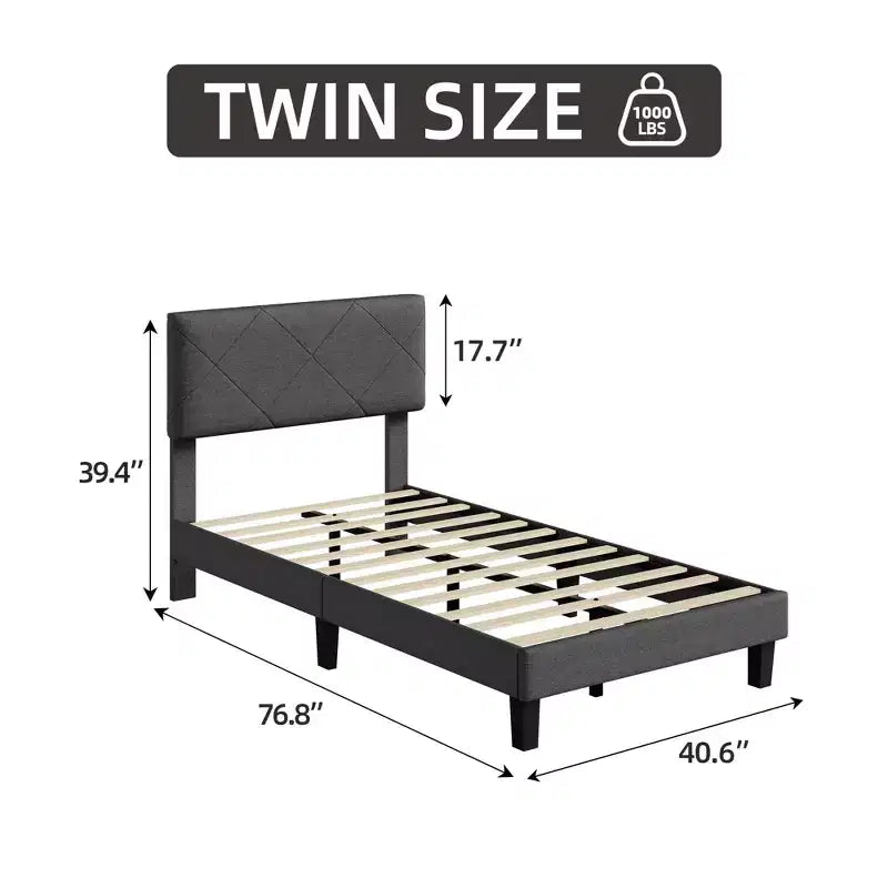 Bed Frame with Upholstered Headboard, Twin Platform Bedframe with Wooden Slats Support, Easy Assembly Mattress Foundation, No Box Spring Needed