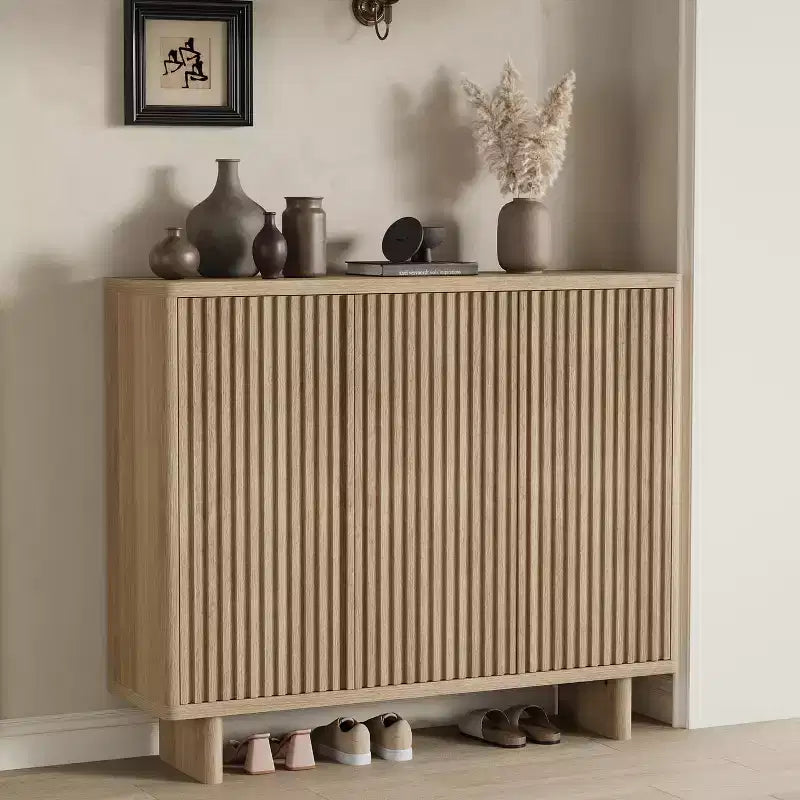 5-Tier Rustic Entryway Cabinet with Fluted Door, 46-Inch Hallway Storage Bench Organizer for Entryway, Living Room, or Foyer