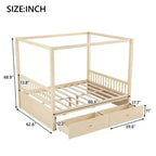 Letto a piattaforma moderno con struttura in legno e baldacchino, con 2 cassetti portaoggetti