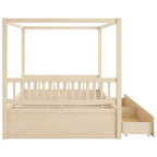 Letto a piattaforma moderno con struttura in legno e baldacchino, con 2 cassetti portaoggetti