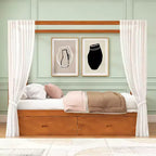 Letto a piattaforma moderno con struttura in legno e baldacchino, con 2 cassetti portaoggetti