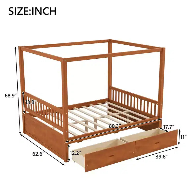 Modern Wood Canopy Platform Bed with 2 Storage Drawers