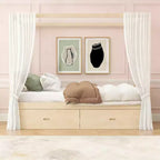 Letto a piattaforma moderno con struttura in legno e baldacchino, con 2 cassetti portaoggetti