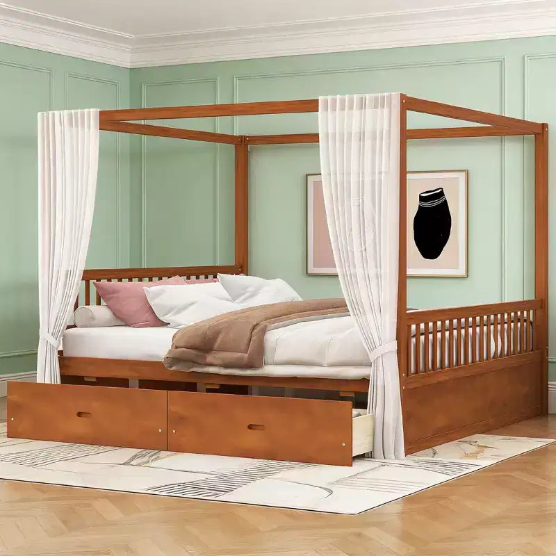 Modern Wood Canopy Platform Bed with 2 Storage Drawers