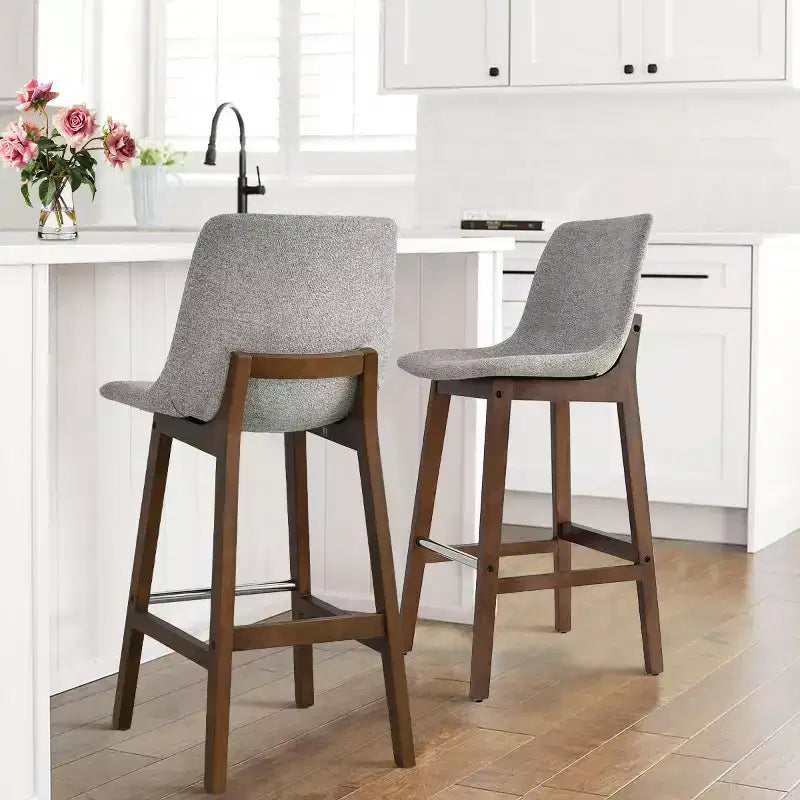 Set of 2 Mid-Century Modern Bar Stools with Backs, 28 Upholstered High Chairs with Wood Legs