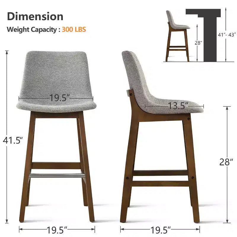Set of 2 Mid-Century Modern Bar Stools with Backs, 28 Upholstered High Chairs with Wood Legs