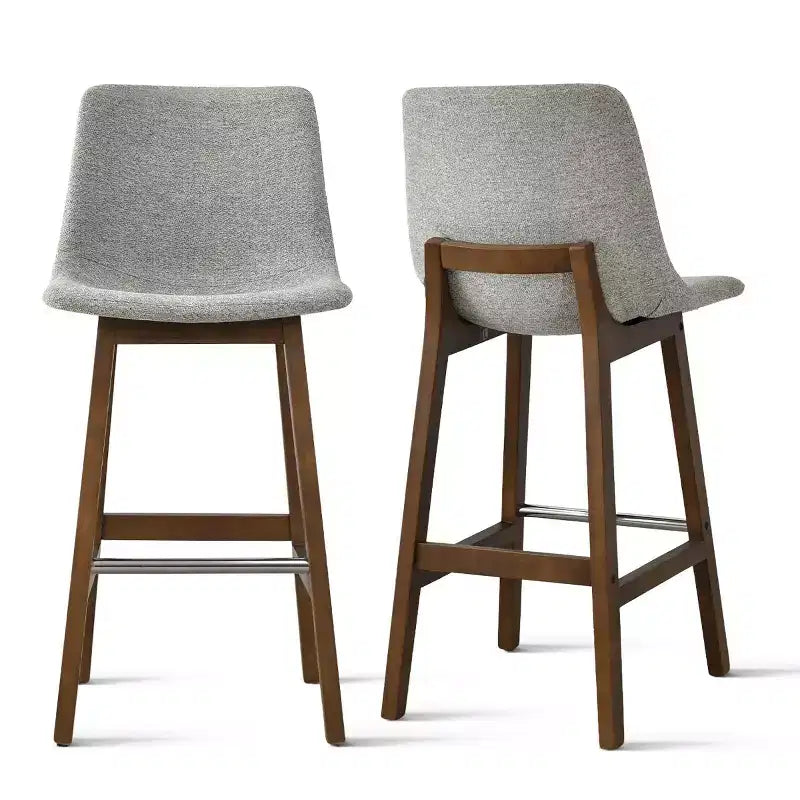 Set of 2 Mid-Century Modern Bar Stools with Backs, 28 Upholstered High Chairs with Wood Legs