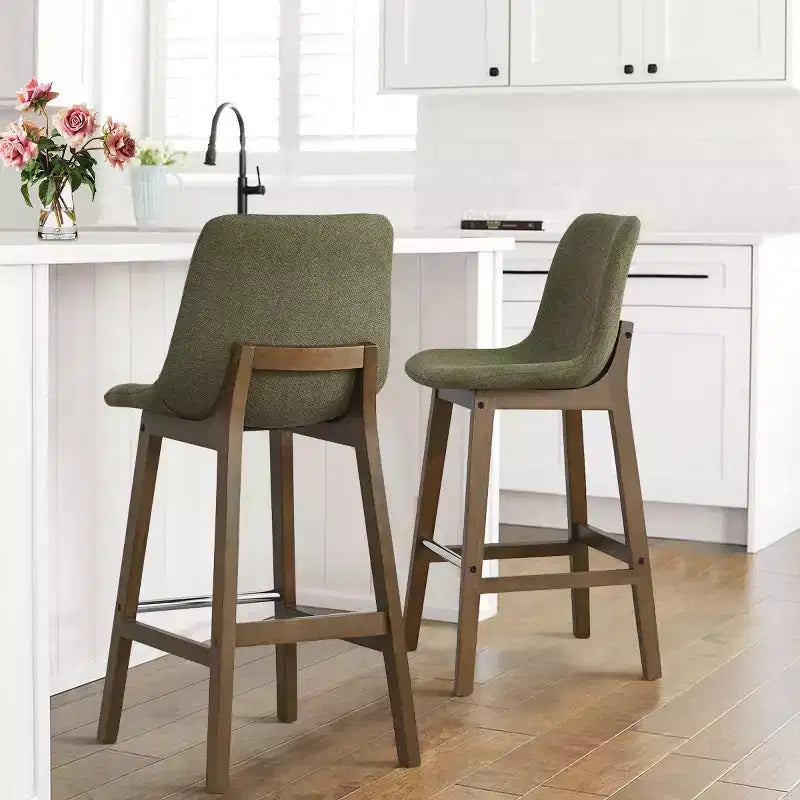 Set of 2 Mid-Century Modern Bar Stools with Backs, 28 Upholstered High Chairs with Wood Legs