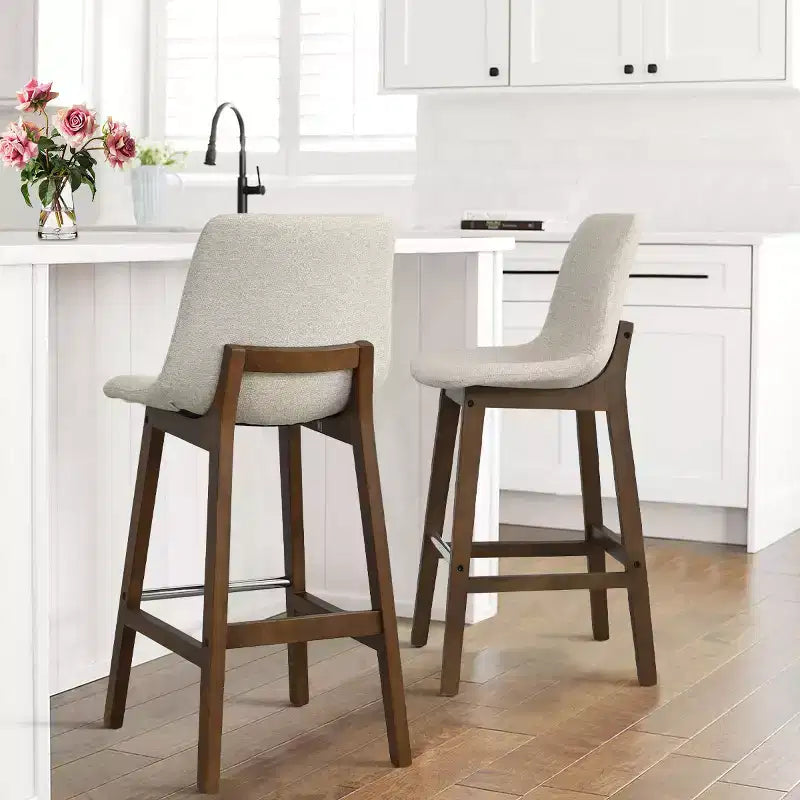 Set of 2 Mid-Century Modern Bar Stools with Backs, 28 Upholstered High Chairs with Wood Legs