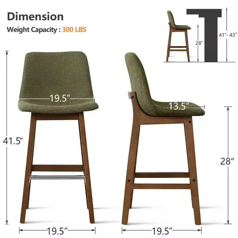 Set of 2 Mid-Century Modern Bar Stools with Backs, 28 Upholstered High Chairs with Wood Legs