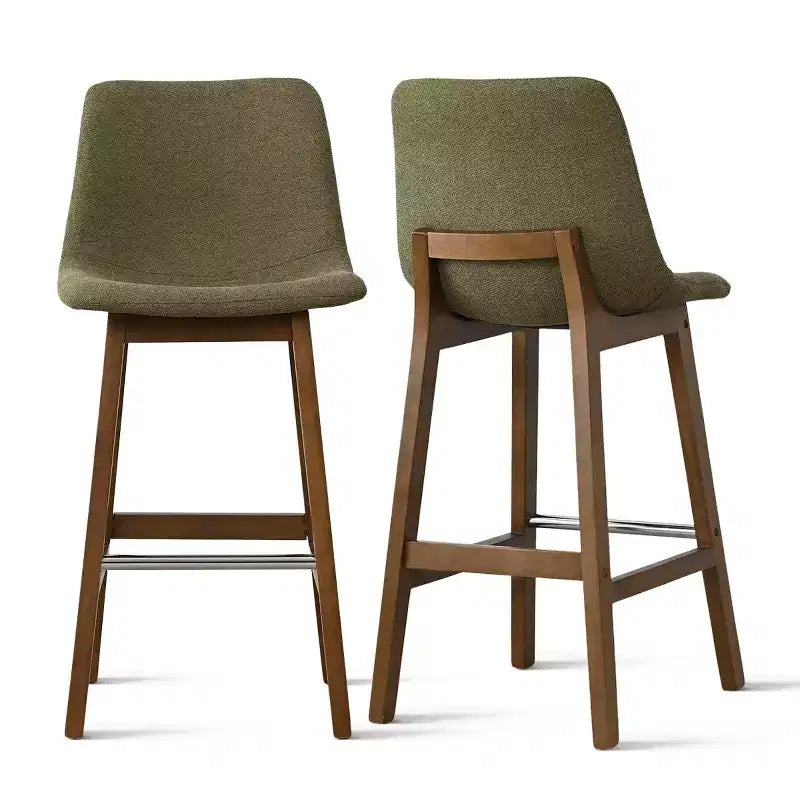 Set of 2 Mid-Century Modern Bar Stools with Backs, 28 Upholstered High Chairs with Wood Legs