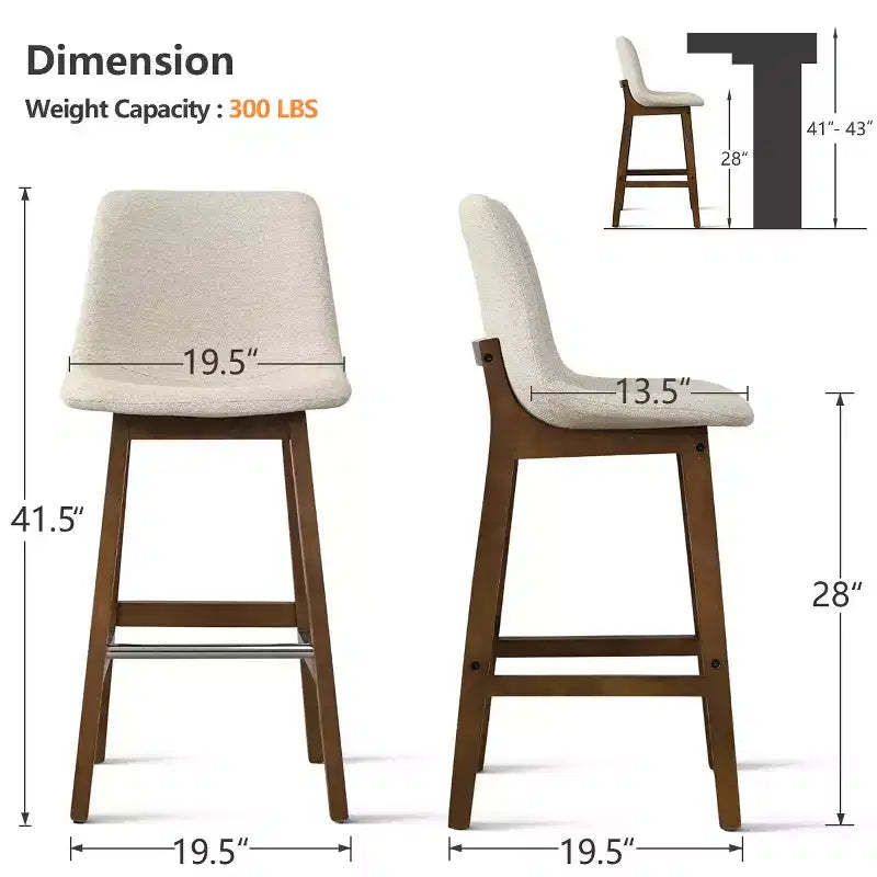 Set of 2 Mid-Century Modern Bar Stools with Backs, 28 Upholstered High Chairs with Wood Legs