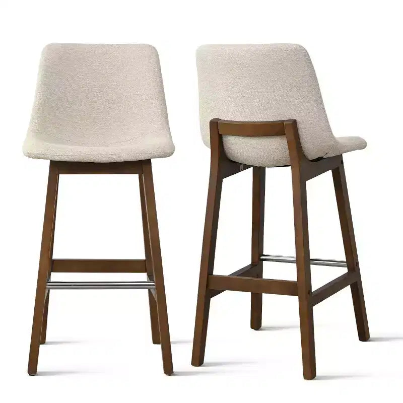 Set of 2 Mid-Century Modern Bar Stools with Backs, 28 Upholstered High Chairs with Wood Legs