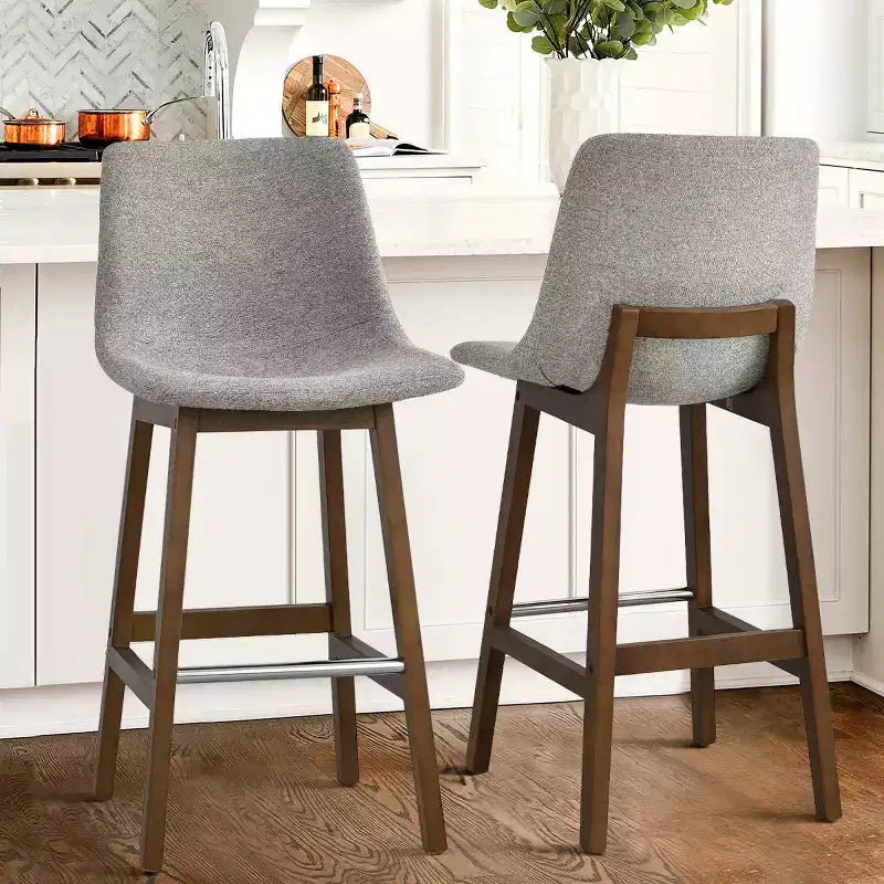 Set of 2 Mid-Century Modern Bar Stools with Backs, 28 Upholstered High Chairs with Wood Legs