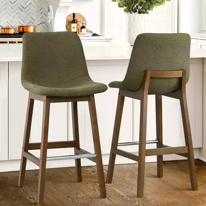 Set of 2 Mid-Century Modern Bar Stools with Backs, 28 Upholstered High Chairs with Wood Legs