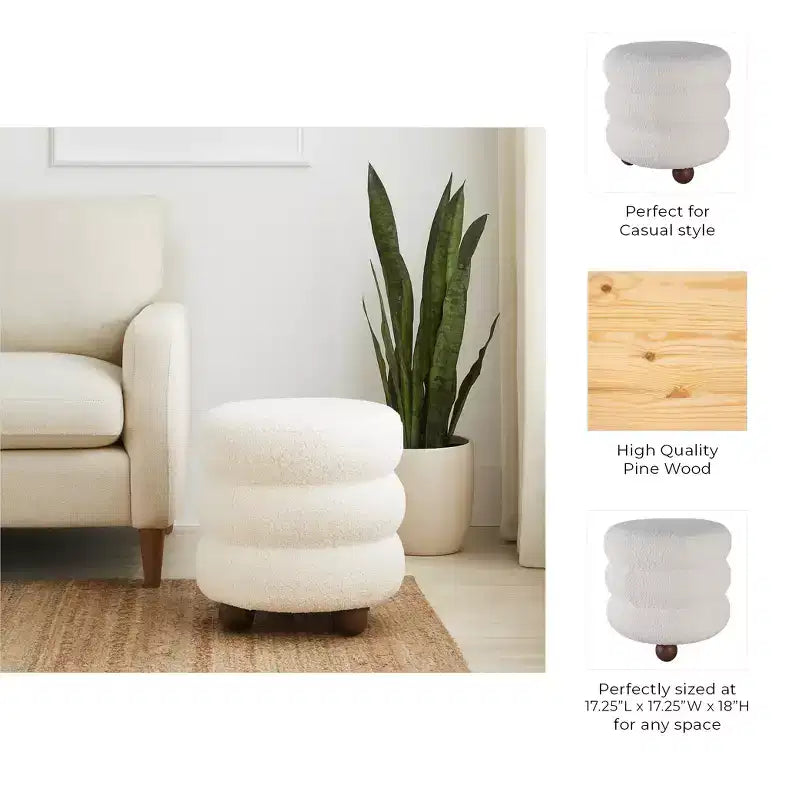 Ottoman with Ball Feet - Modern Home Decor Vanity Chair, Bedroom, and Living Room Furniture - 18, Ivory