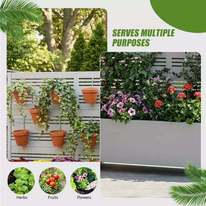 Grey wrought iron planters, 47x47x16, three-piece outdoor garden decor set.