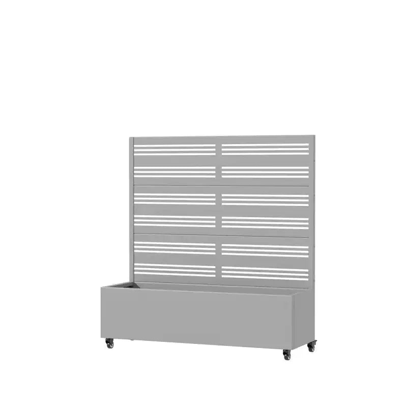 Grey wrought iron planters, 47x47x16, three-piece outdoor garden decor set.